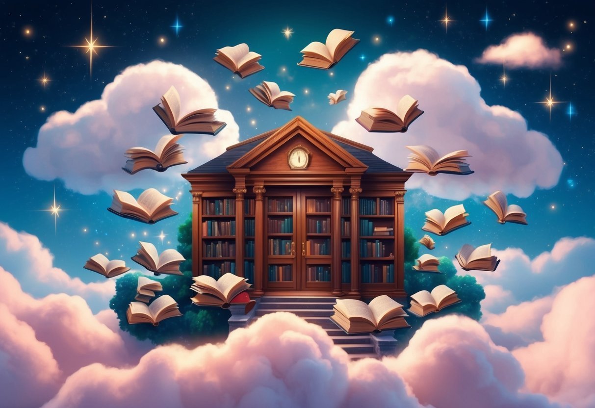 Jauki biblioteka su knygomis, plaukiojančiomis ore, apsupta svajingų debesų ir žibančių žvaigždžių