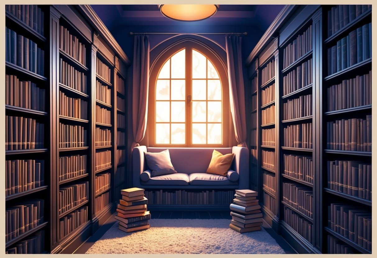 Jauki biblioteka su knygų krūvomis, patogia skaitymo vieta ir svajinga atmosfera su švelniu apšvietimu ir paslapties užuomina